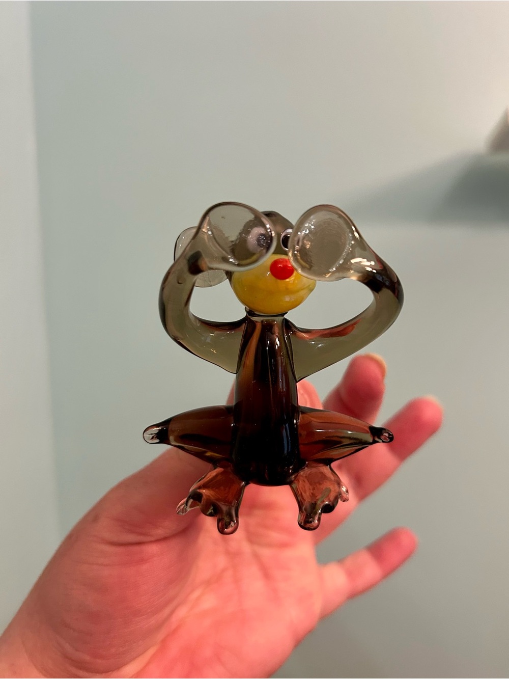 Vintage 1970s Miniature Hand Blown Glass SITTING MONKEY SEE NO EVIL Figurine